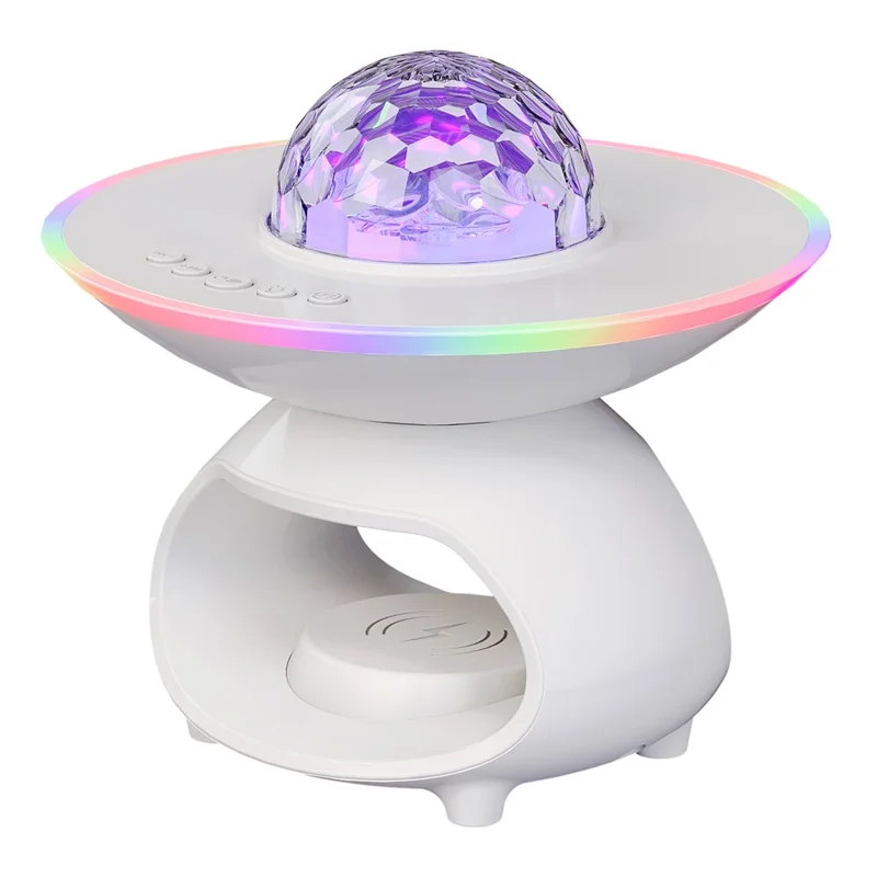 TCSP-001-P Lampe de table avec chargeur sans fil pour téléphone, enceinte Bluetooth et projecteur de ciel étoilé - Blanc