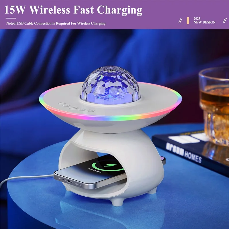 TCSP-001-P Lampe de table avec chargeur sans fil pour téléphone, enceinte Bluetooth et projecteur de ciel étoilé - Blanc