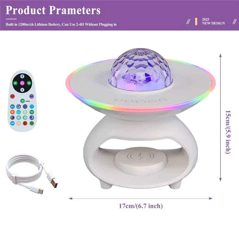 TCSP-001-P Lampe de table avec chargeur sans fil pour téléphone, enceinte Bluetooth et projecteur de ciel étoilé - Blanc