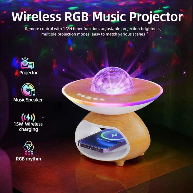 TCSP-001-WP Altavoz Bluetooth con Luz Nocturna Proyectora de Cielo Estrellado con Diseño de Madera, USB, Cargador Inalámbrico - Color Madera