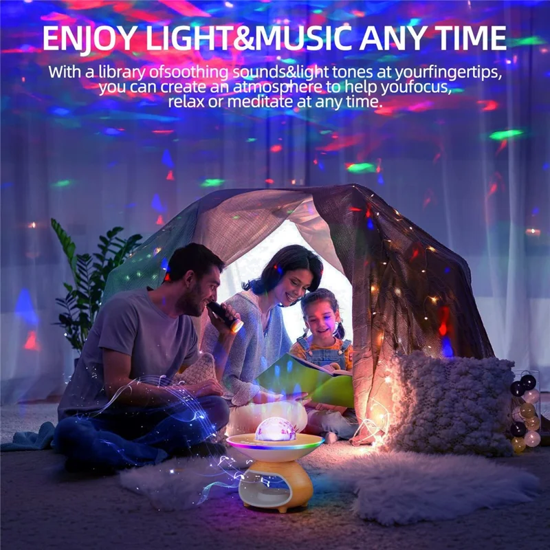 TCSP-001-WP Altavoz Bluetooth con Luz Nocturna Proyectora de Cielo Estrellado con Diseño de Madera, USB, Cargador Inalámbrico - Color Madera