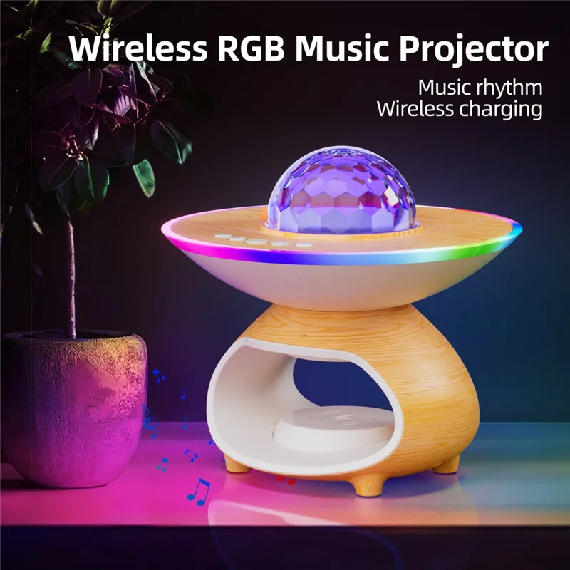 TCSP-001-WP Altavoz Bluetooth con Luz Nocturna Proyectora de Cielo Estrellado con Diseño de Madera, USB, Cargador Inalámbrico - Color Madera