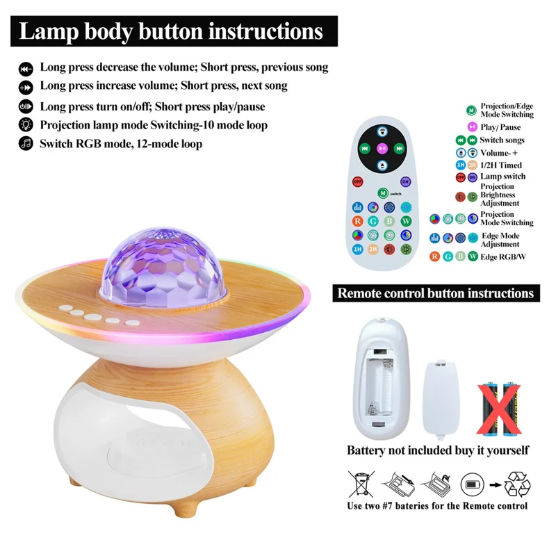 TCSP-001-WP Altavoz Bluetooth con Luz Nocturna Proyectora de Cielo Estrellado con Diseño de Madera, USB, Cargador Inalámbrico - Color Madera