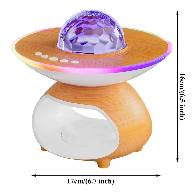 TCSP-001-WP Altavoz Bluetooth con Luz Nocturna Proyectora de Cielo Estrellado con Diseño de Madera, USB, Cargador Inalámbrico - Color Madera