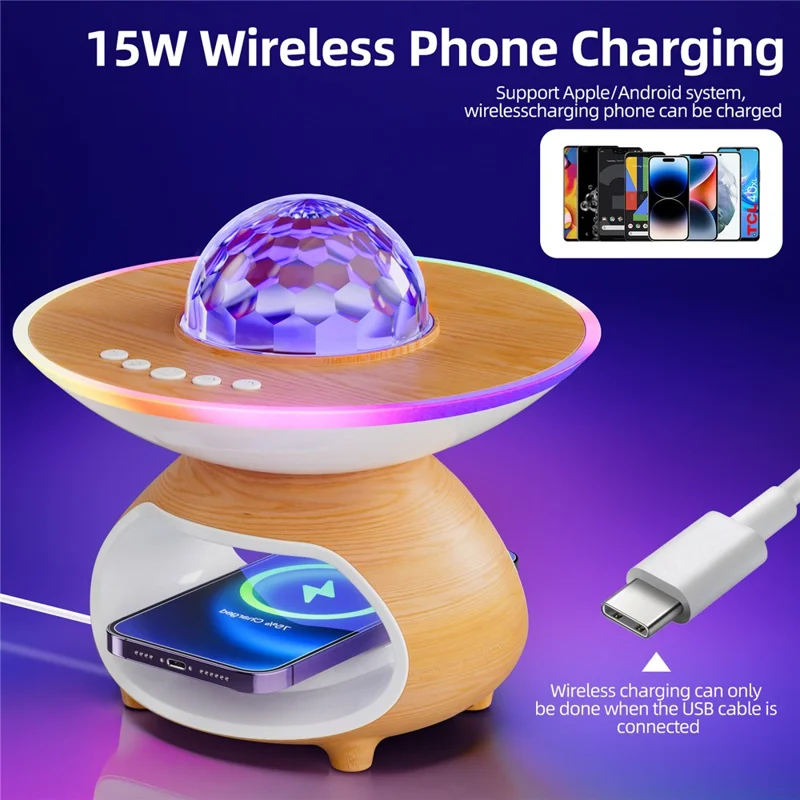 TCSP-001-WC USB-зарядное устройство с проекцией звездного неба, беспроводной зарядкой и Bluetooth-колонкой - Цвет дерева