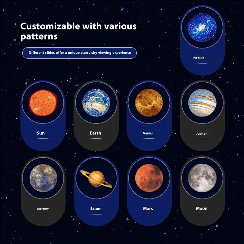 Lámpara de Proyección de Planetas con 10 Diapositivas, Alimentada por USB, Rotación 360 Grados, Luz Nocturna LED para Habitación Infantil
