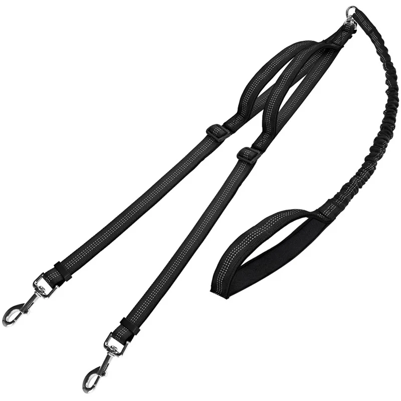 140-200cm Adjustable Length Nylon Reflective Dog Leash Dual Headed Pet Lead for 2 Dogs - Black