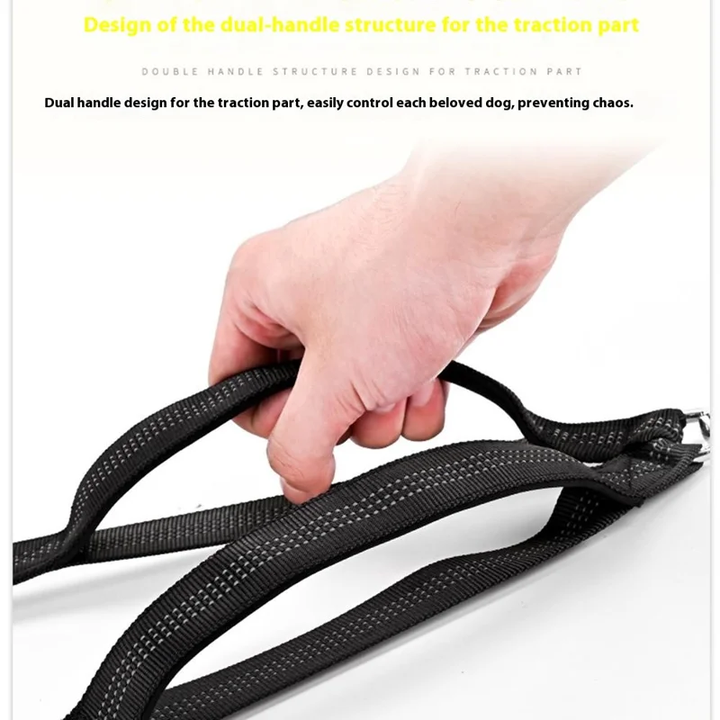 140-200cm Adjustable Length Nylon Reflective Dog Leash Dual Headed Pet Lead for 2 Dogs - Black