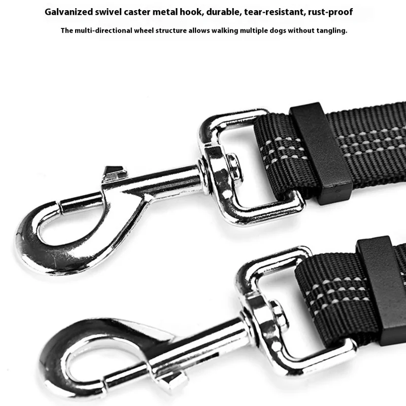 140-200cm Adjustable Length Nylon Reflective Dog Leash Dual Headed Pet Lead for 2 Dogs - Black