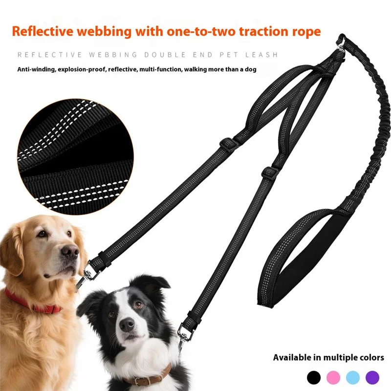 140-200cm Adjustable Length Nylon Reflective Dog Leash Dual Headed Pet Lead for 2 Dogs - Black