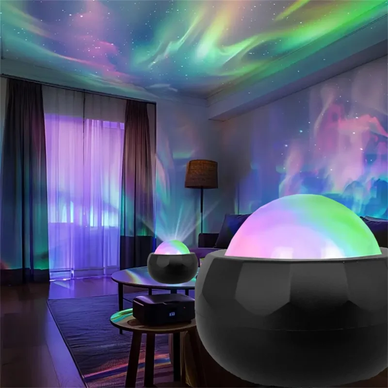 Lámpara de Noche Mini Activada por Sonido con Proyector de Aurora Colorido con Control Remoto para Dormitorio / Sala de Estar - Negro