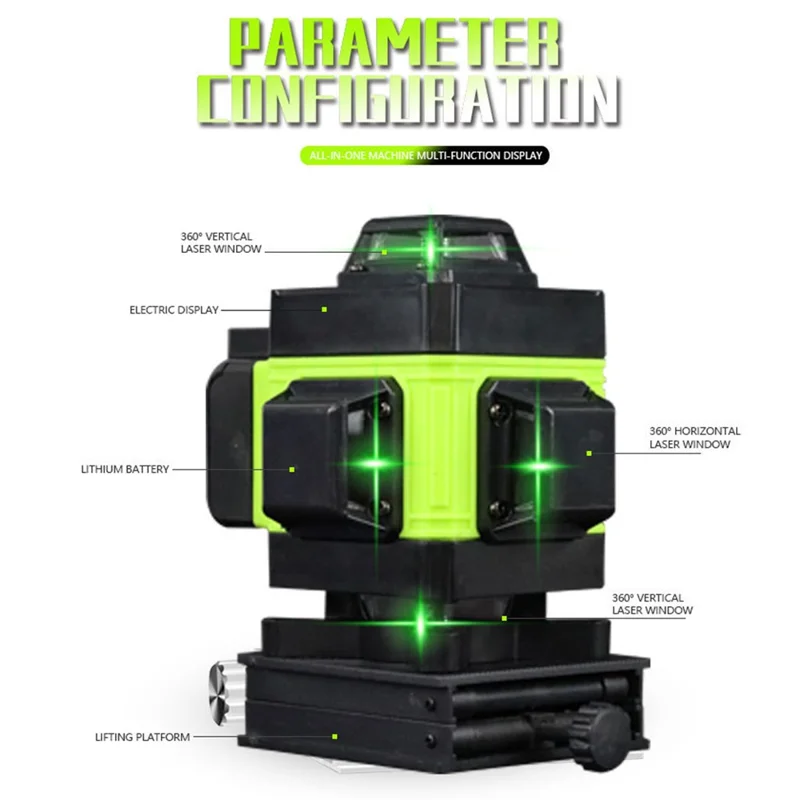 4D 16 linjer, självnivellerande utrustning, horisontell och vertikal grön laseravståndsmätare med stativ, EU-uttag