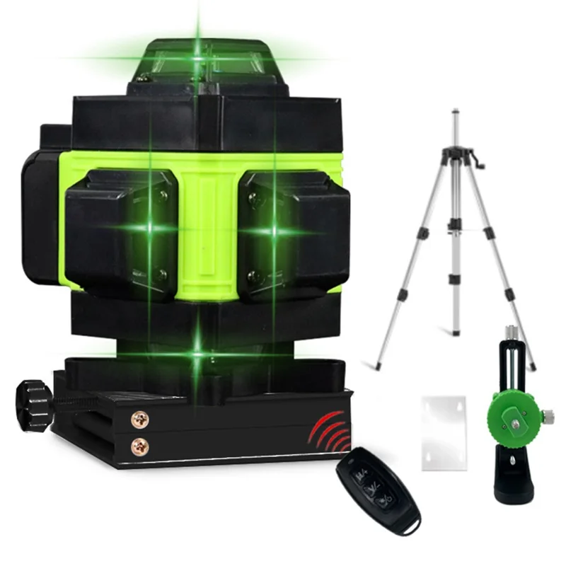 4D 16 linjer, självnivellerande utrustning, horisontell och vertikal grön laseravståndsmätare med stativ, EU-uttag