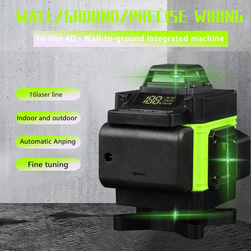 4D 16 linjer, självnivellerande utrustning, horisontell och vertikal grön laseravståndsmätare med stativ, EU-uttag