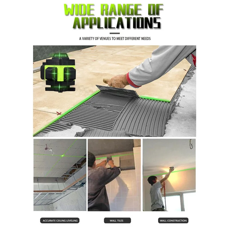 4D 16 linjer, självnivellerande utrustning, horisontell och vertikal grön laseravståndsmätare med stativ, EU-uttag