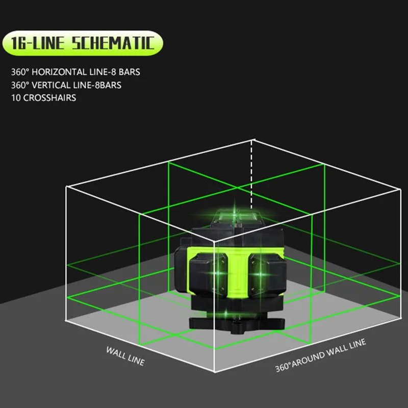 4D 16 linjer, självnivellerande utrustning, horisontell och vertikal grön laseravståndsmätare med stativ, EU-uttag