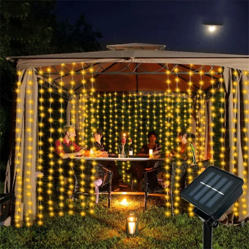 3 x 1m 100 LEDs Solar Powered Copper Wire Curtain Lamp Waterfall Fairy String Light Festival Decoration - Warm Light