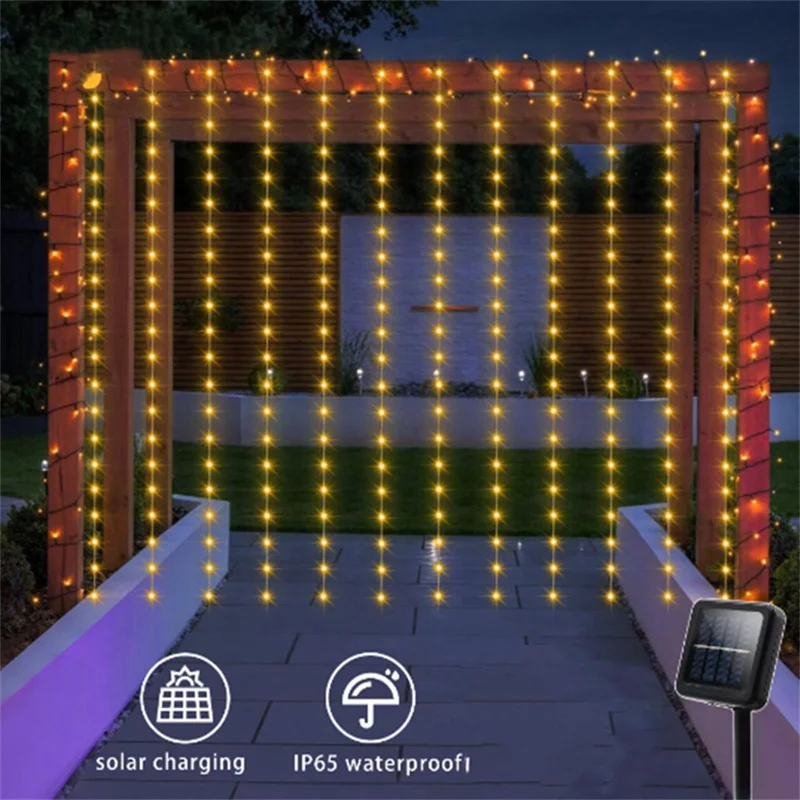 3 x 3m 300 LEDs Solar Powered Copper Wire Curtain Lamp Waterfall Fairy String Light Festival Decoration - Warm Light