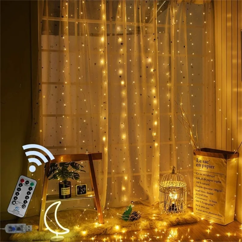 3 x 1m 100 LEDs USB Powered Copper Wire Curtain Lamp Waterfall Fairy String Light Festival Decoration - Warm Light