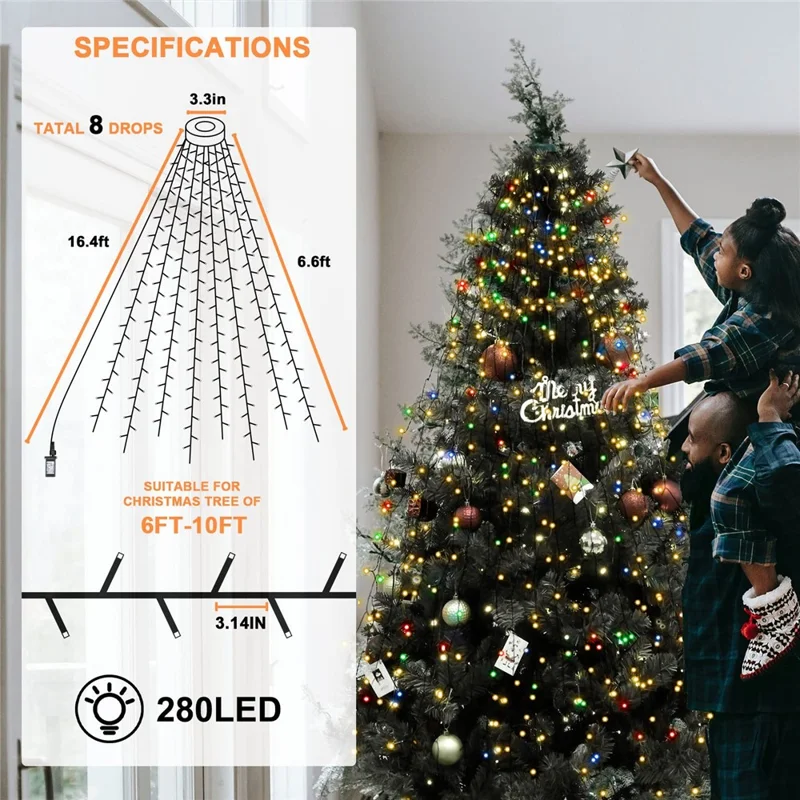 2m 400 LEDs Waterproof Christmas Tree Curtain String Lights 8 Modes Waterfall Fairy Lamp Tree Topper Decor, EU Plug - Colorful Light