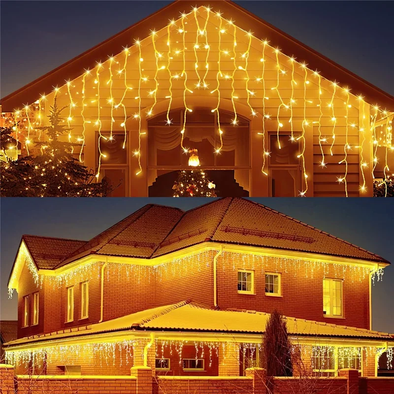 10m 400 LEDs Solar Powered LED Curtain Icicle String Light IP44 Waterproof 8 Modes Ambiance Lamp - Warm White