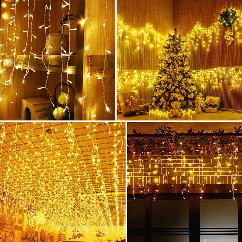 10m 400 LEDs Solar Powered LED Curtain Icicle String Light IP44 Waterproof 8 Modes Ambiance Lamp - Warm White