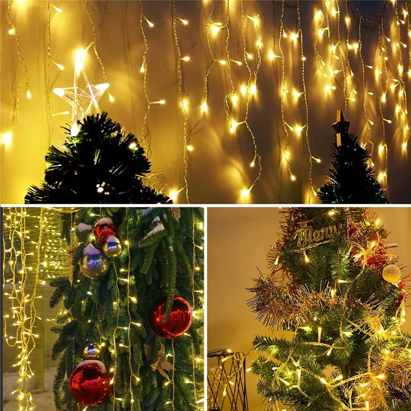 10m 400 LEDs Solar Powered LED Curtain Icicle String Light IP44 Waterproof 8 Modes Ambiance Lamp - Warm White