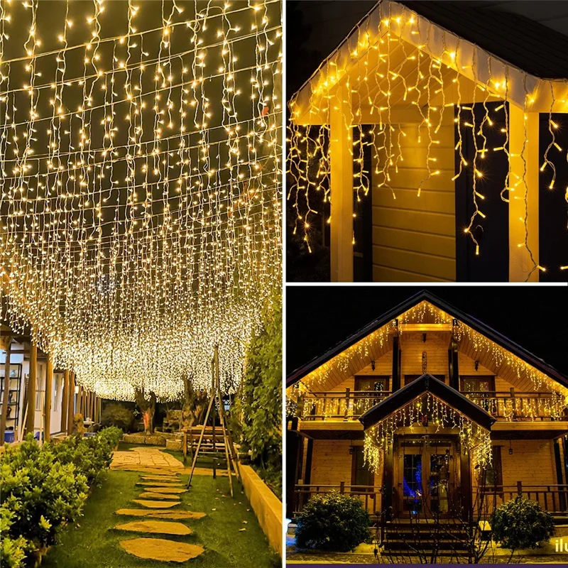 10m 400 LEDs Solar Powered LED Curtain Icicle String Light IP44 Waterproof 8 Modes Ambiance Lamp - Warm White
