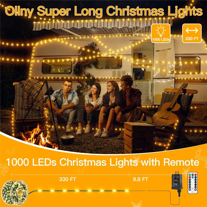 100m 1000 LEDs String Light with Remote Waterproof Ambiance Lamp for Outdoor Garden Tree Decoration, EU Plug - Warm Light