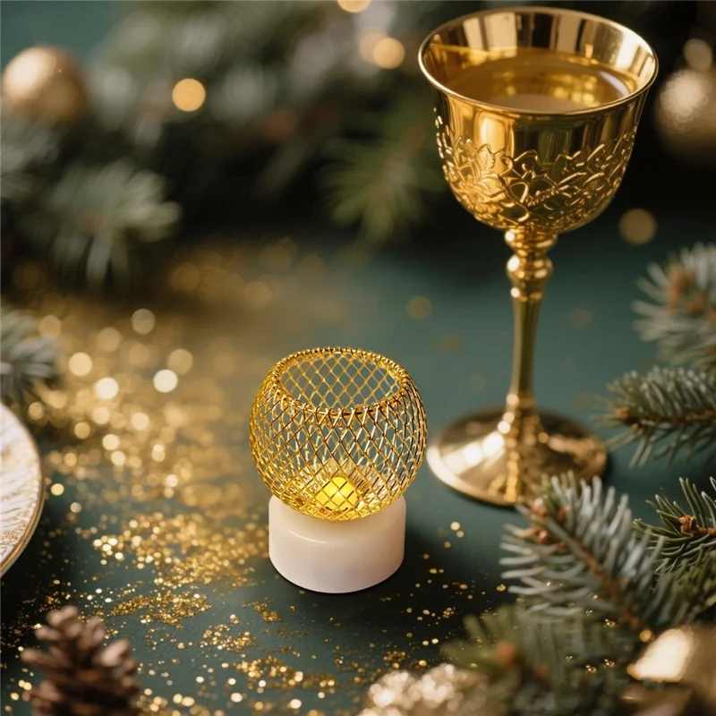 Electronic Candle Light Creative Hollow Gold Plated Wrought Iron Table Night Light for Christmas Decor - 5.3cm Half Ball