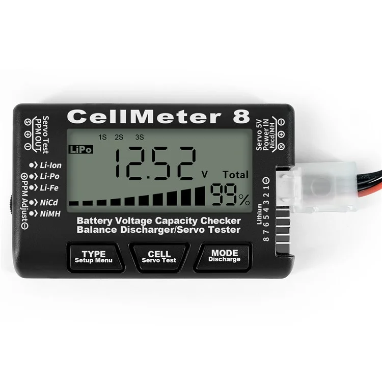 Cellmeter 8-in-1 Digital Battery Capacity Checker Controller Tester Voltage Tester for Li-Po Li-ion NiMH Nicd Cell Meter - Negro