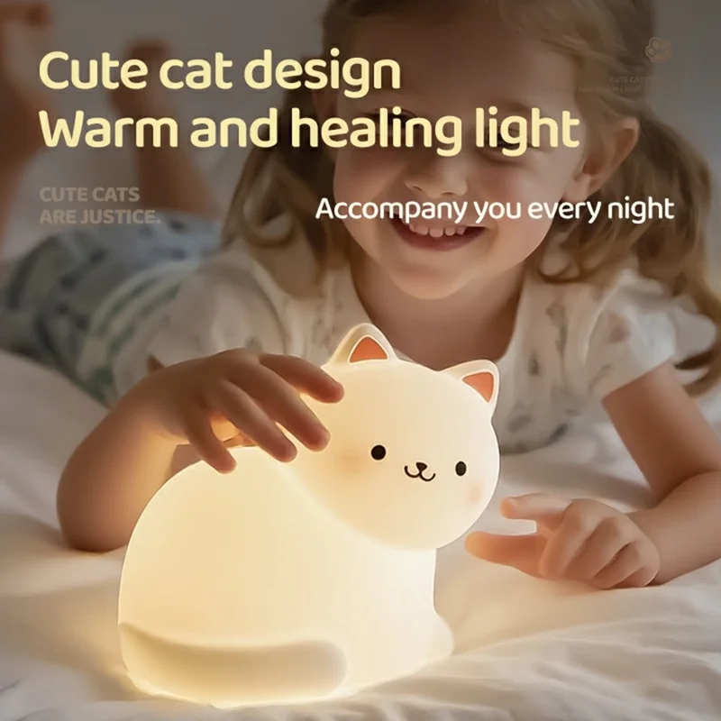 A068 Cute Cat Silicone Night Light Tap Control RGB Light Bedside Lamp Desk Decor