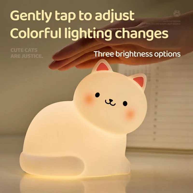 A068 Cute Cat Silicone Night Light Tap Control RGB Light Bedside Lamp Desk Decor