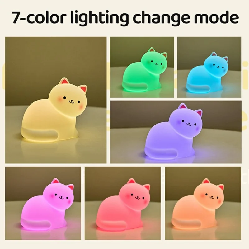 A068 Cute Cat Silicone Night Light Tap Control RGB Light Bedside Lamp Desk Decor