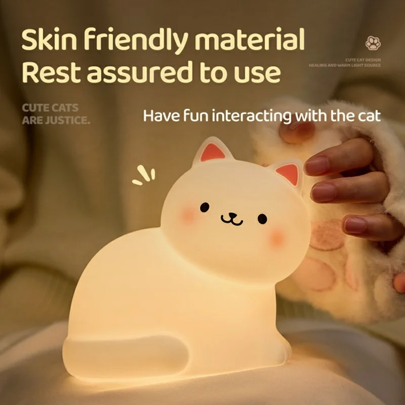 A068 Cute Cat Silicone Night Light Tap Control RGB Light Bedside Lamp Desk Decor