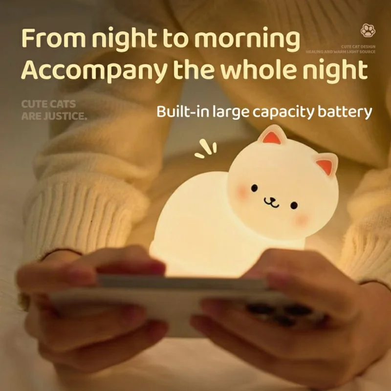 A068 Cute Cat Silicone Night Light Tap Control RGB Light Bedside Lamp Desk Decor