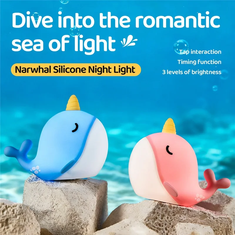 A044 Narhval Silikone Natlampe med Berøringsstyring, Stresslindrende Sengelampe, Gave, Skrivebordsdekoration - Blå
