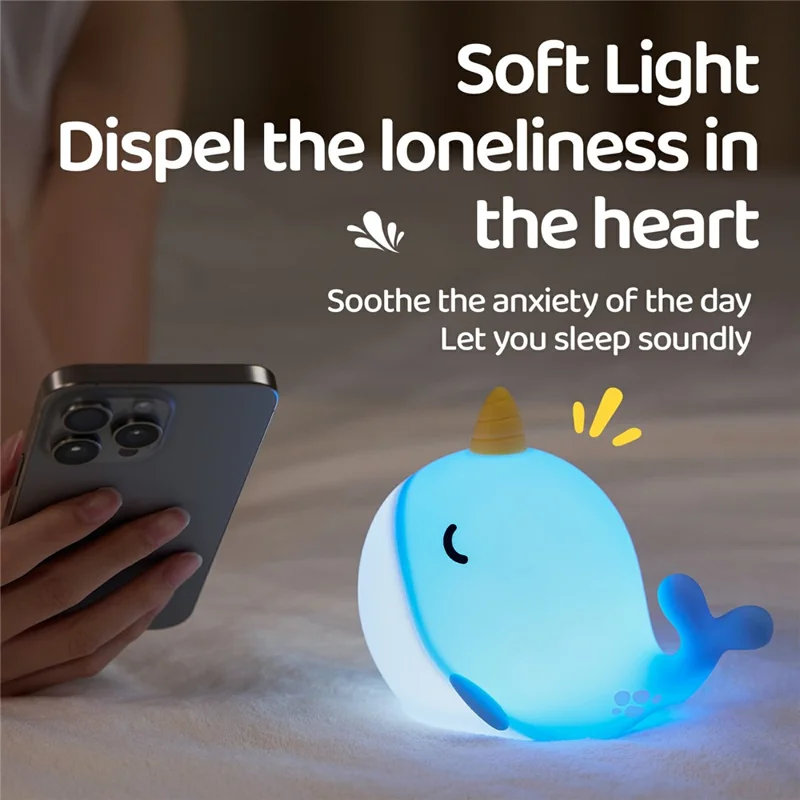 A044 Narhval Silikone Natlampe med Berøringsstyring, Stresslindrende Sengelampe, Gave, Skrivebordsdekoration - Blå