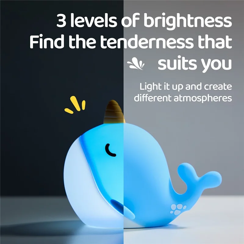 A044 Narhval Silikone Natlampe med Berøringsstyring, Stresslindrende Sengelampe, Gave, Skrivebordsdekoration - Blå