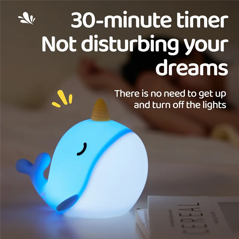 A044 Narhval Silikone Natlampe med Berøringsstyring, Stresslindrende Sengelampe, Gave, Skrivebordsdekoration - Blå