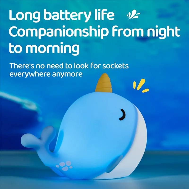A044 Narhval Silikone Natlampe med Berøringsstyring, Stresslindrende Sengelampe, Gave, Skrivebordsdekoration - Blå