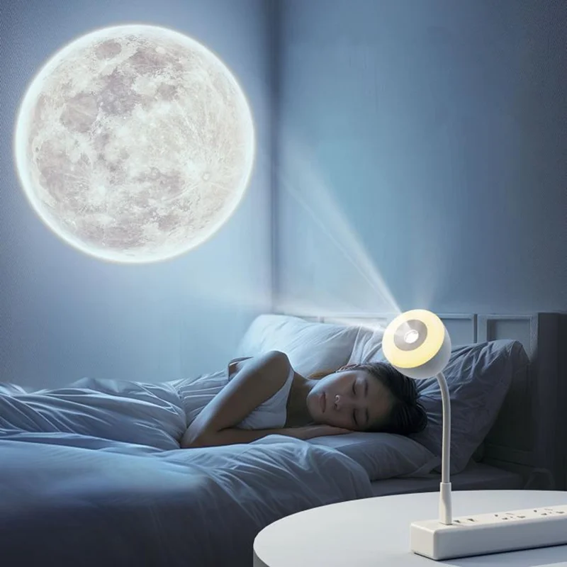 PP-Y02 USB Moon Projector Natlampe med Fjernbetjening, Fleksibel Hals, 10 Lysstyrker, 3 Tidsindstillinger til soveværelse