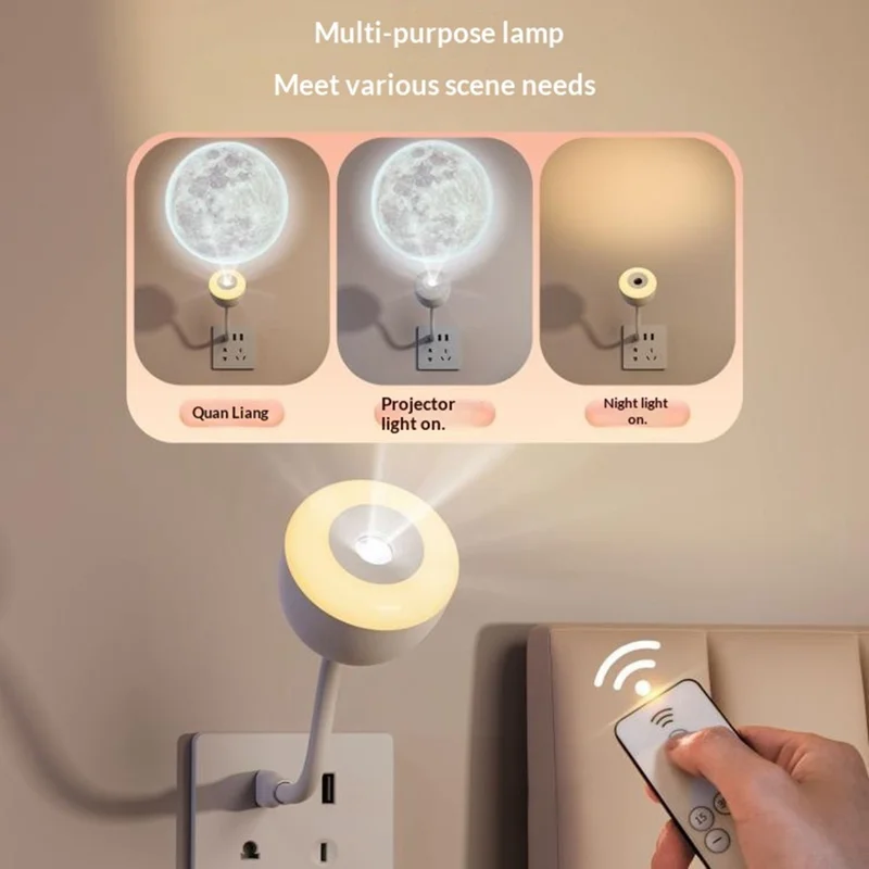 PP-Y02 USB Moon Projector Natlampe med Fjernbetjening, Fleksibel Hals, 10 Lysstyrker, 3 Tidsindstillinger til soveværelse