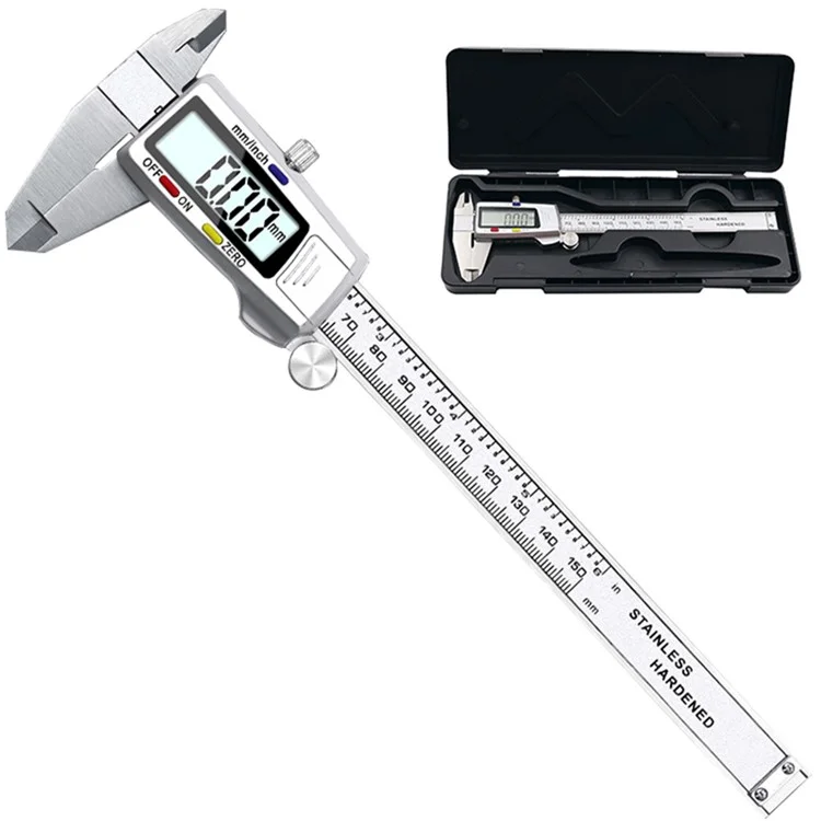 Calibrador digital de acero inoxidable con pantalla LCD de 0-150 mm y botón tricolor para longitud, anchura, profundidad y diámetro