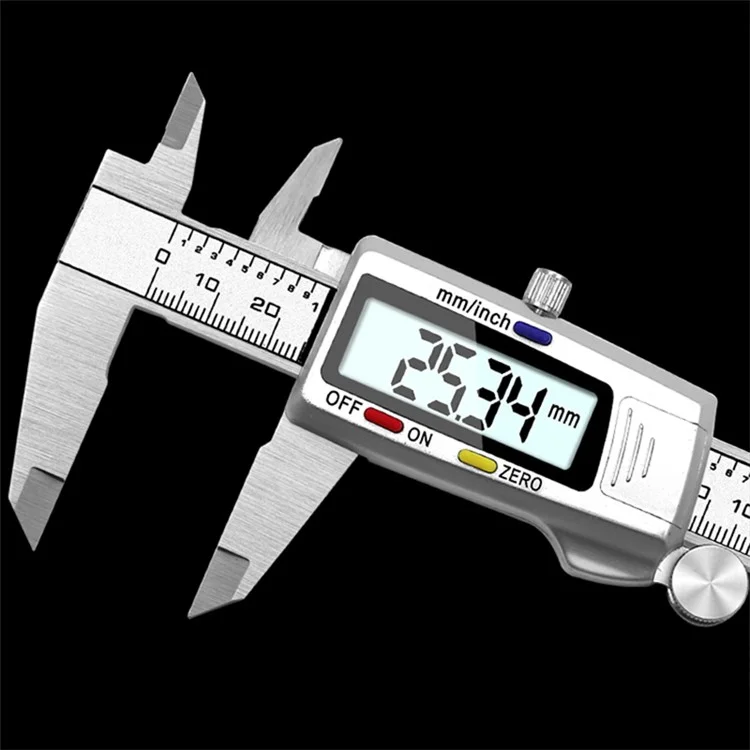 Calibrador digital de acero inoxidable con pantalla LCD de 0-150 mm y botón tricolor para longitud, anchura, profundidad y diámetro