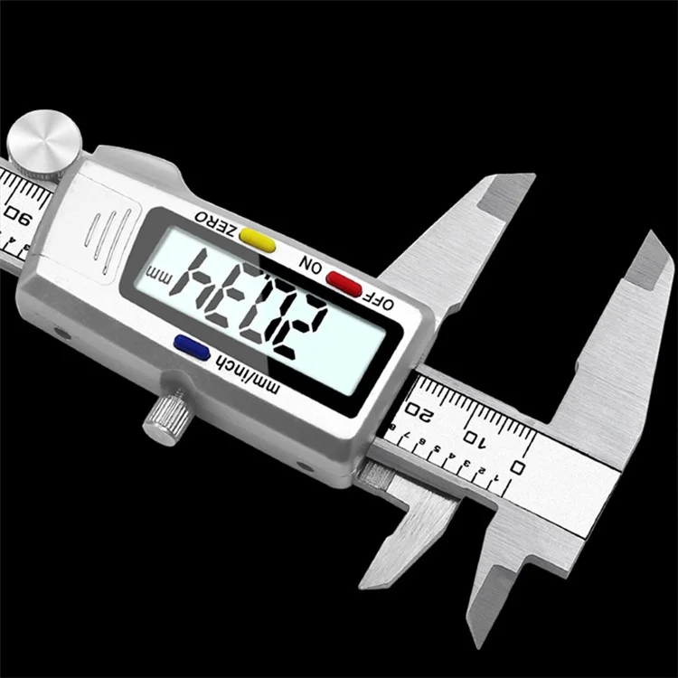 Calibrador digital de acero inoxidable con pantalla LCD de 0-150 mm y botón tricolor para longitud, anchura, profundidad y diámetro