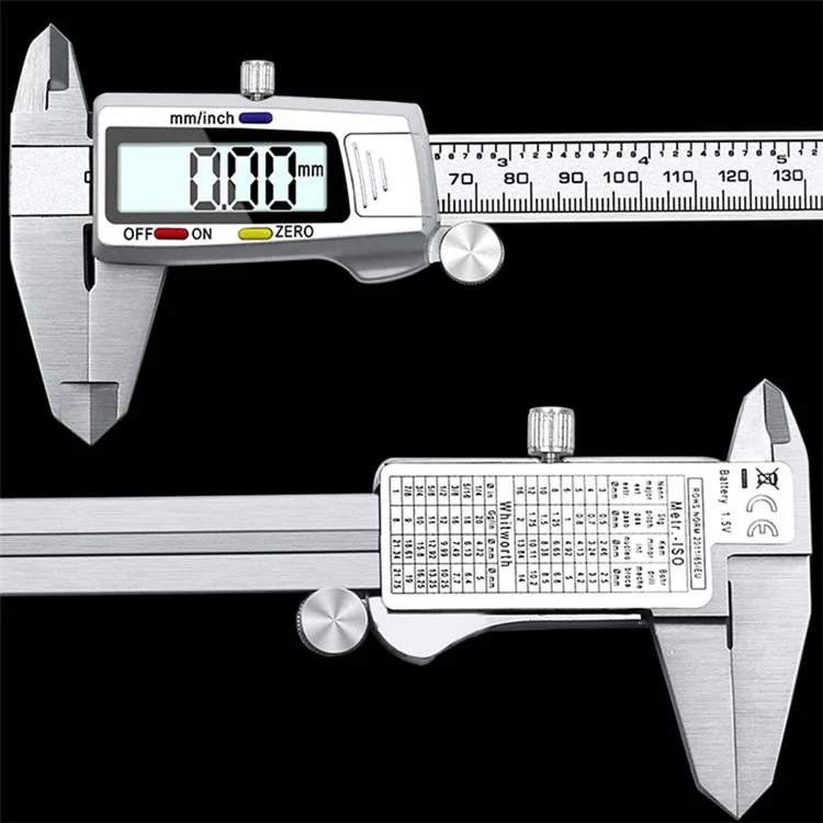 Calibrador digital de acero inoxidable con pantalla LCD de 0-150 mm y botón tricolor para longitud, anchura, profundidad y diámetro