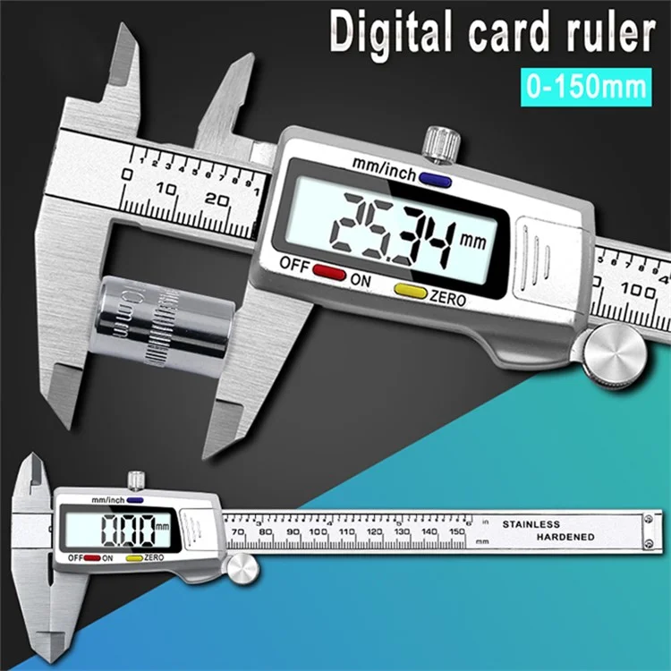 Calibrador digital de acero inoxidable con pantalla LCD de 0-150 mm y botón tricolor para longitud, anchura, profundidad y diámetro