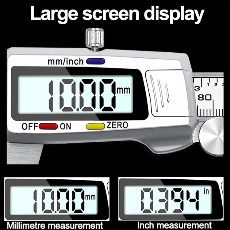 Calibrador digital de acero inoxidable con pantalla LCD de 0-150 mm y botón tricolor para longitud, anchura, profundidad y diámetro