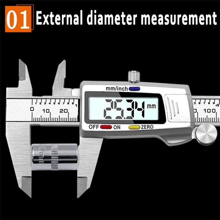 Calibrador digital de acero inoxidable con pantalla LCD de 0-150 mm y botón tricolor para longitud, anchura, profundidad y diámetro